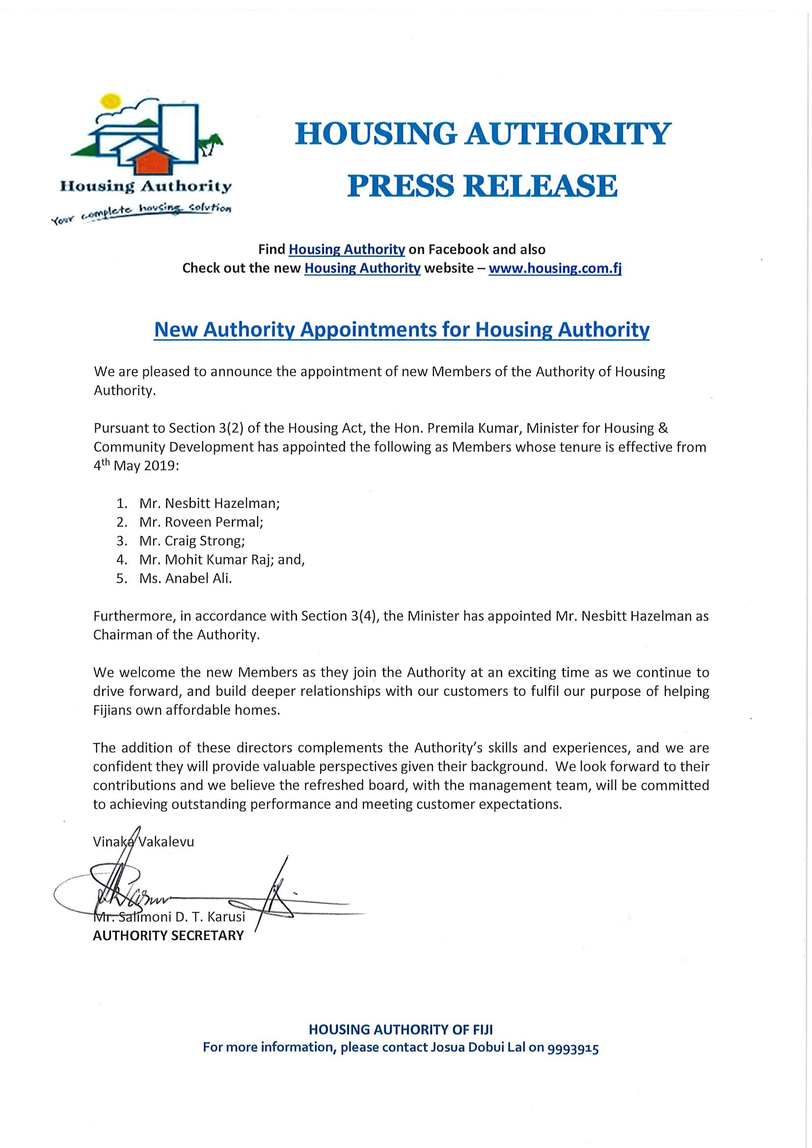 New Authority Appointments for Housing Authority Housing Authority of