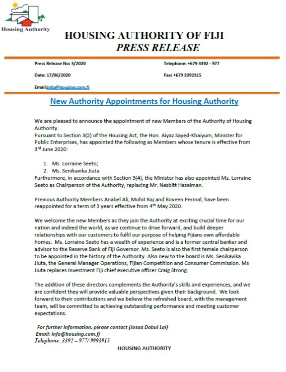 Authority New Appointments Housing Authority of Fiji