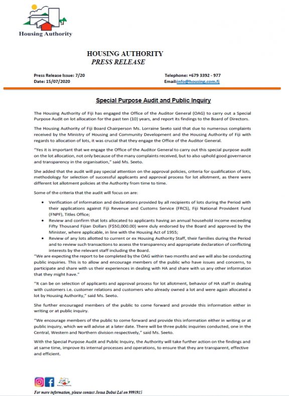 Special Purpose Audit & Public Inquiry Housing Authority of Fiji